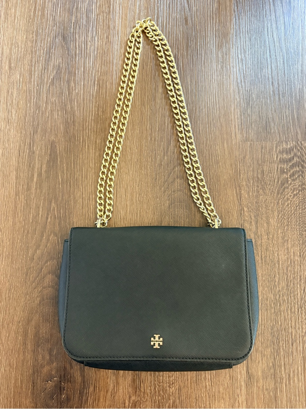 Tory Burch Black Leather Shoulder Crossbody Bag Gold Luxury Classic Designer